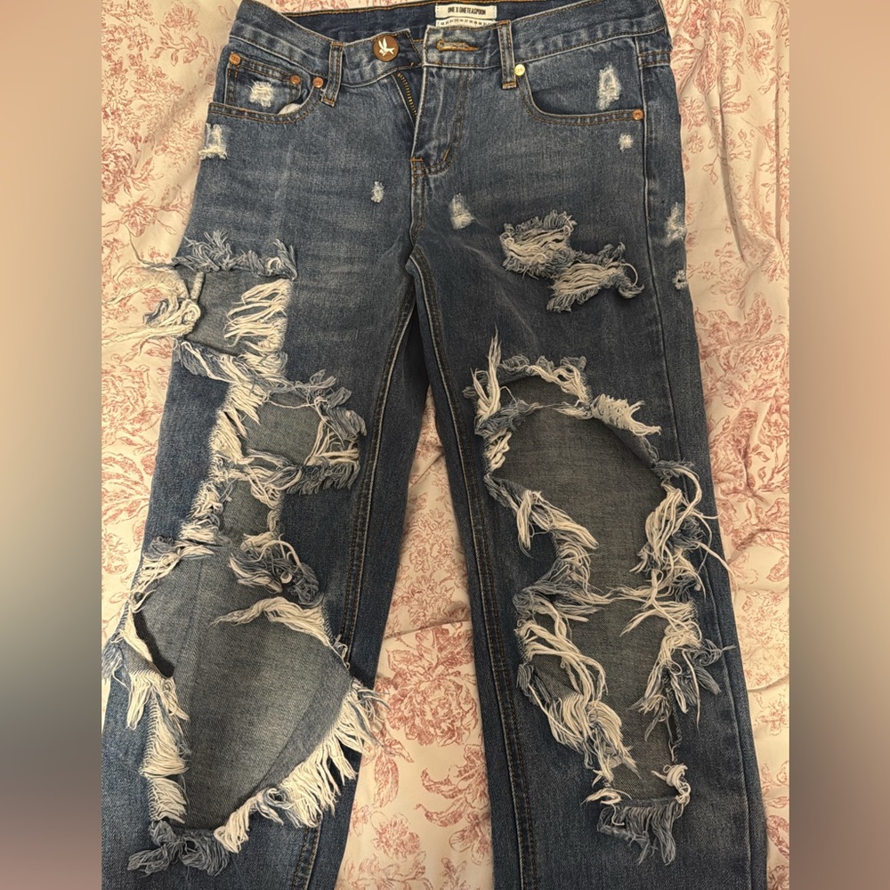 One Teaspoon Ripped Denim Blue Jeans